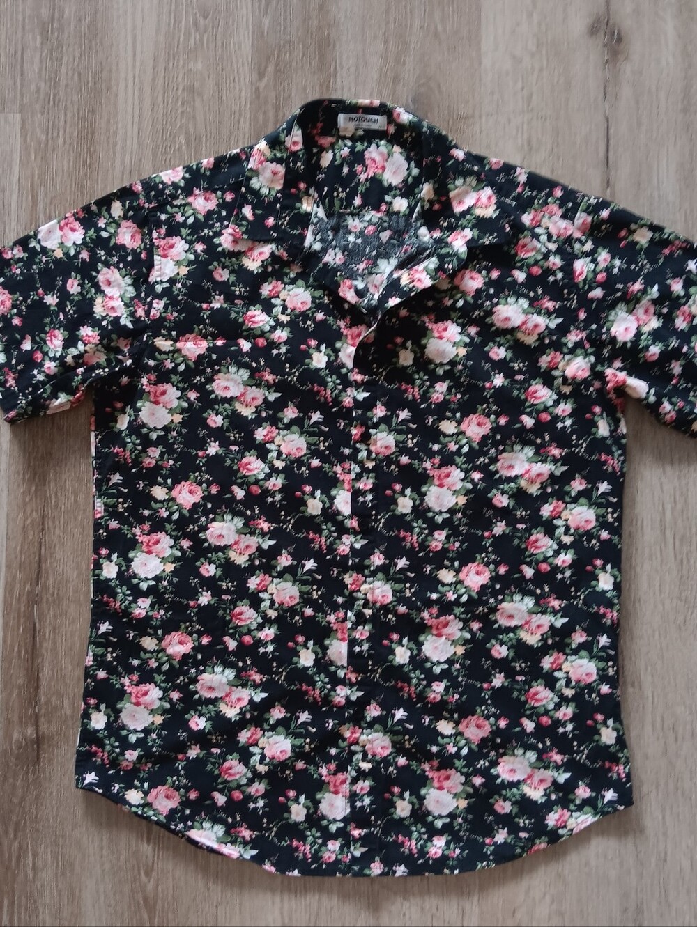 Black Floral Short Sleeve Button-Up Shirt Mens Medium Lightweight Cotton Casual